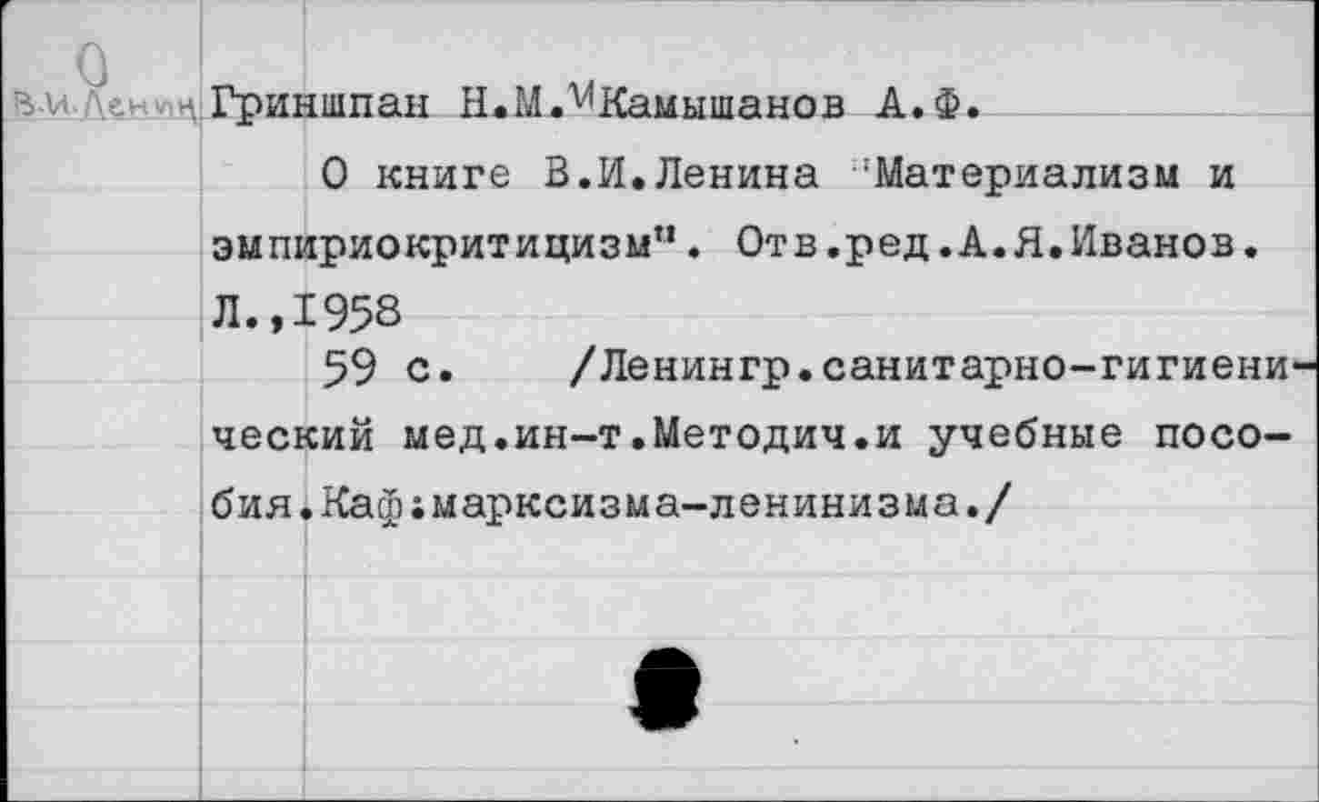 ﻿ч- ■Гриншпан Н.М.^Камышанов А.Ф.
О книге В.И.Ленина 'Материализм и эмпириокритицизм”. Отв.ред.А.Я.Иванов. Л.,1958
59 с. /Ленингр.санитарно-гигиени ческий мед.ин-т.Методич.и учебные пособия. Каф;марксизма-ленинизма./